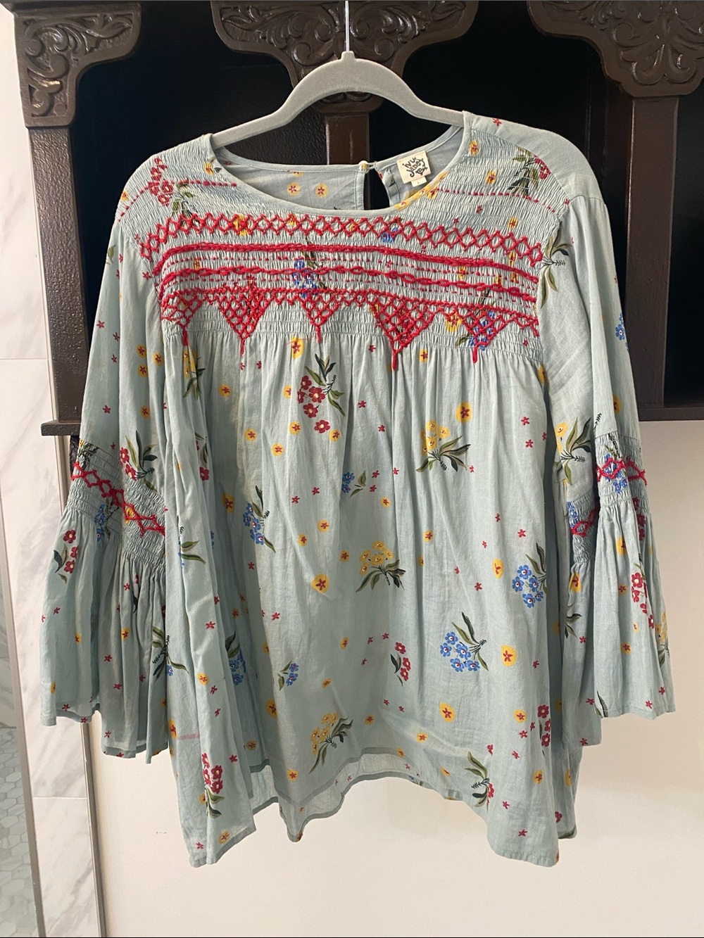 ivy jane Sage Green Floral Tunic with Red Smocked Yoke